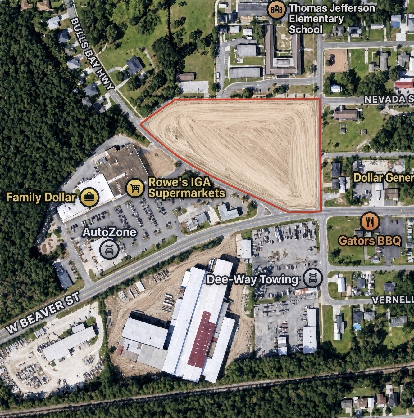 Aerial view of the 50 Jackson Ave N parcel outlined in red at Bulls Bay Hwy and W Beaver St, Jacksonville FL