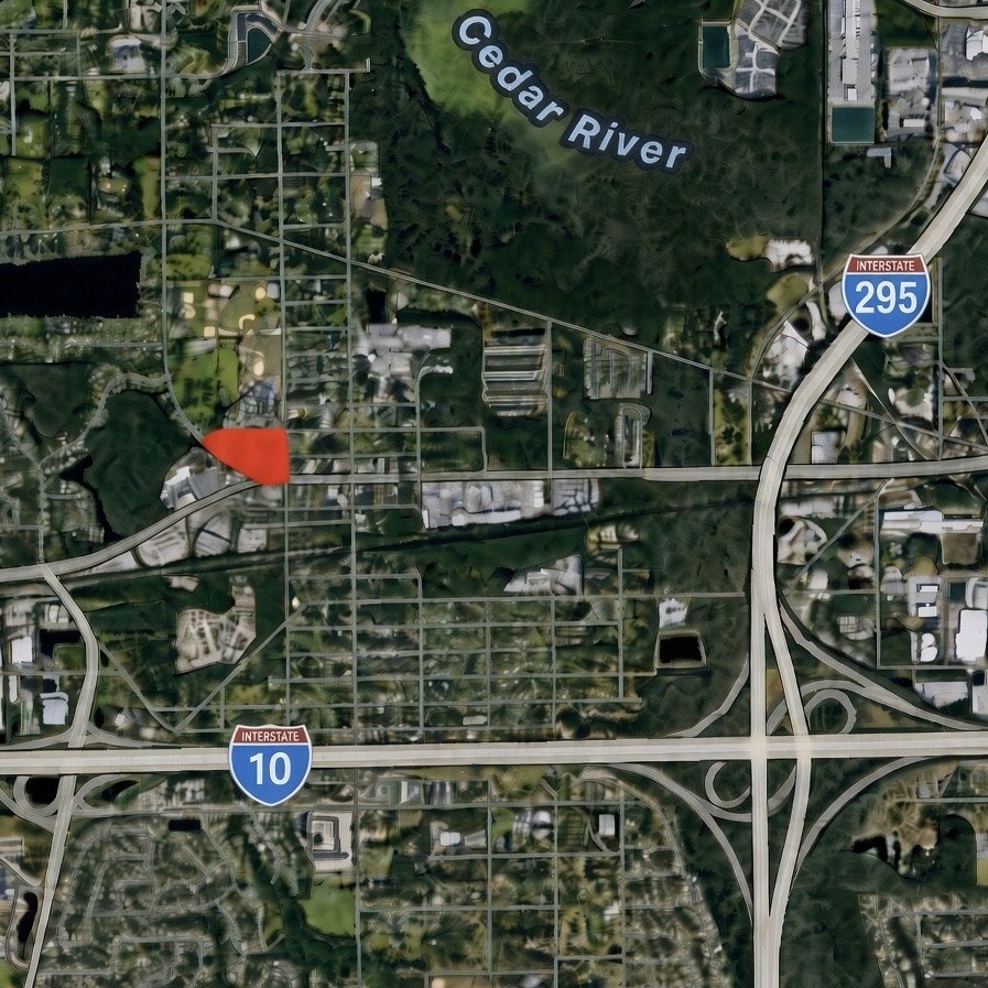 Location map of 50 Jackson Ave N, marked in red, west of I-295 and north of I-10 near the Cedar River on Jacksonville's Westside